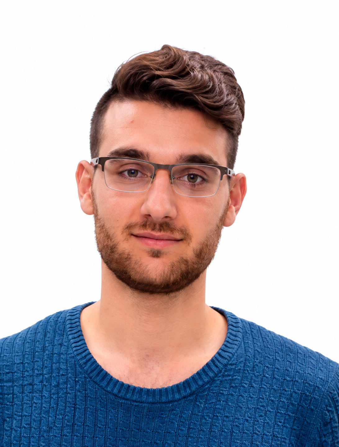professionelles porträt im blauen strickpullover